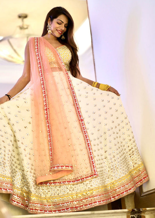 Tanvi Thakker - Off-White And Yellow Mirror Lehenga Set
