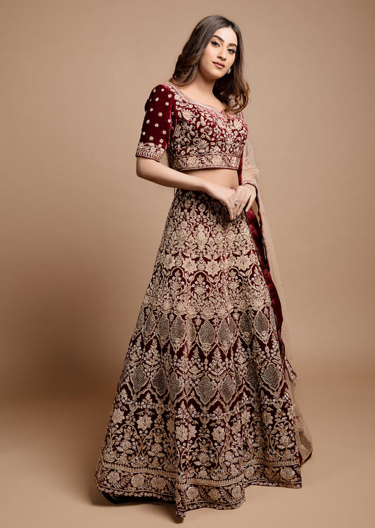 Maroon Velvet Archaic Lehenga Set