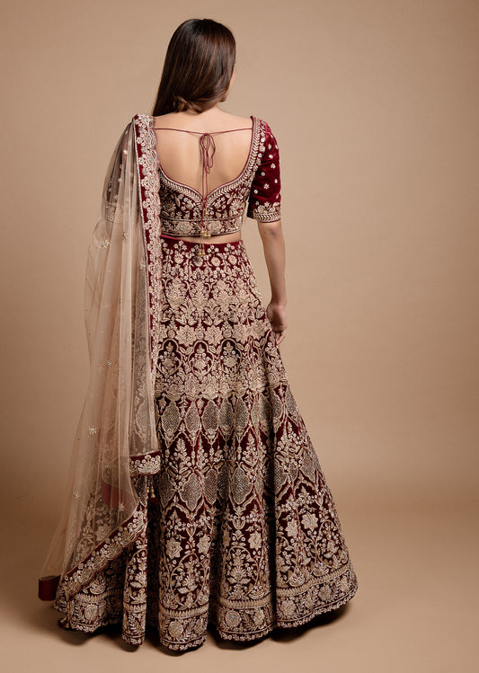 Maroon Velvet Archaic Lehenga Set