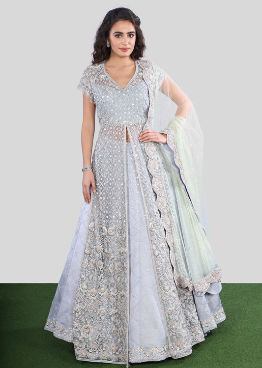 Pale Blue Floral Lattice Anarkali Lehenga Set