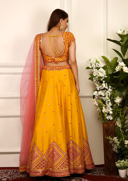 Mustard Yellow Mirrorwork Lehenga Set