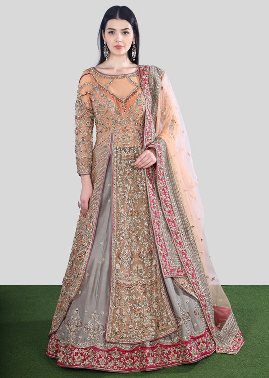 Peach And Grey Bridal Trail Anarkali Lehenga Set
