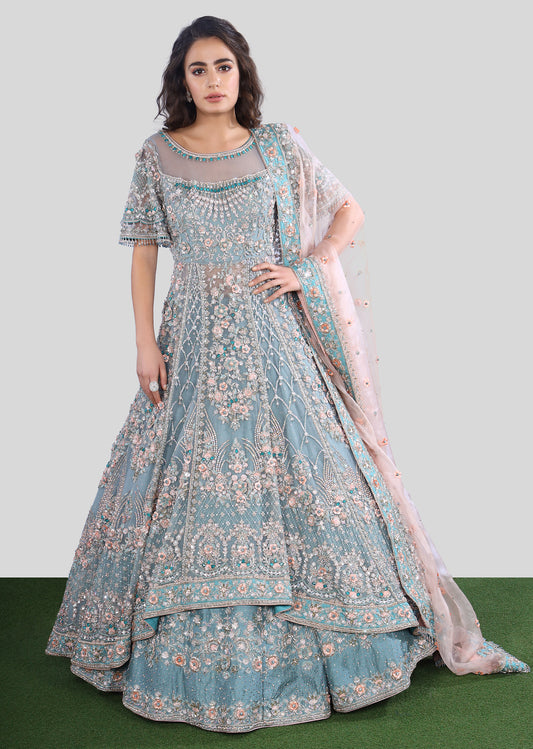 Sky Blue Trail Anarkali Lehenga Bridal Set