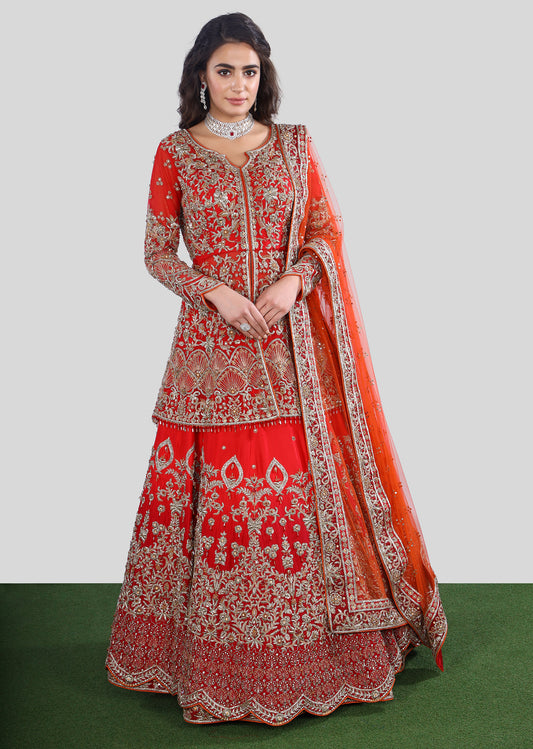 Red Orange Bridal Layered Kurta Lehenga Set
