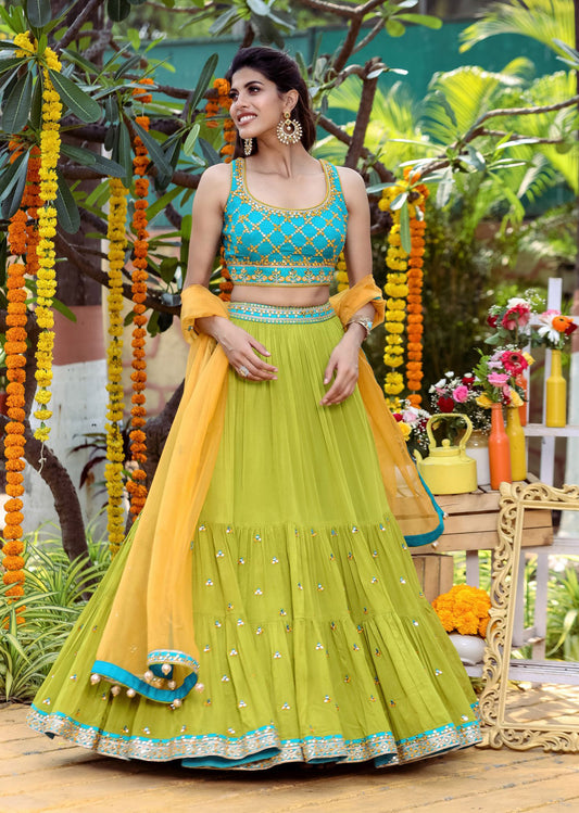 Turquoise And Green Mirrorwork Lehenga Set