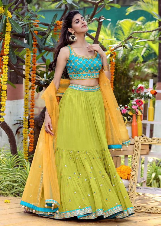 Turquoise And Green Mirrorwork Lehenga Set