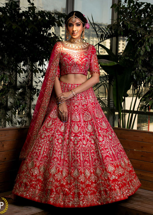 Cerise Pink And Red Abstract Nature Lehenga Set