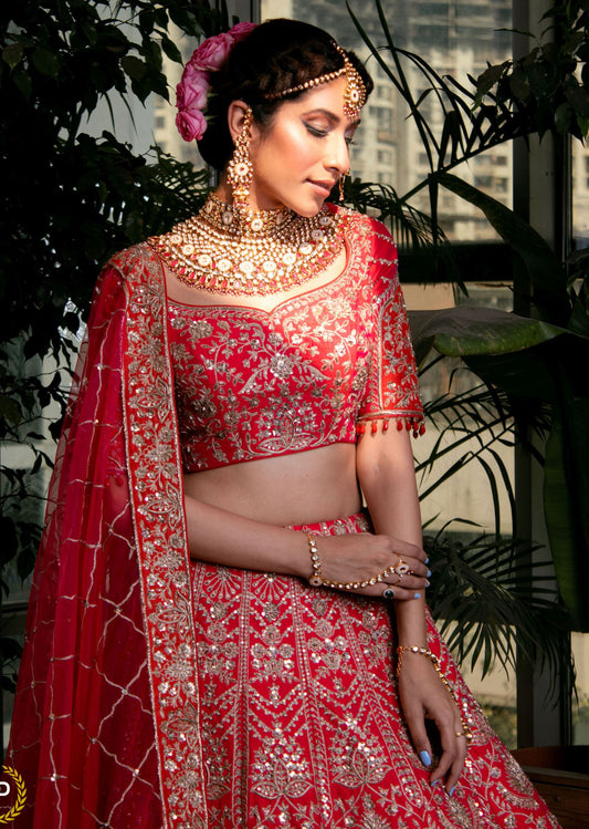 Cerise Pink And Red Abstract Nature Lehenga Set