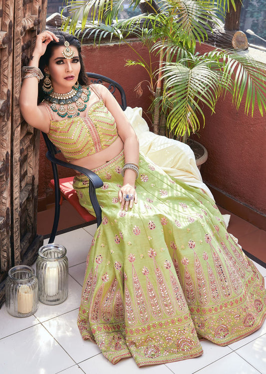 Mansi Srivastava - Lime Green Mirrorwork Lehenga Set