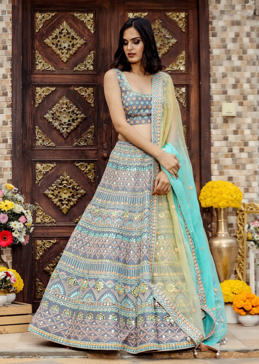 Grey Multicolor Resham Lehenga Set