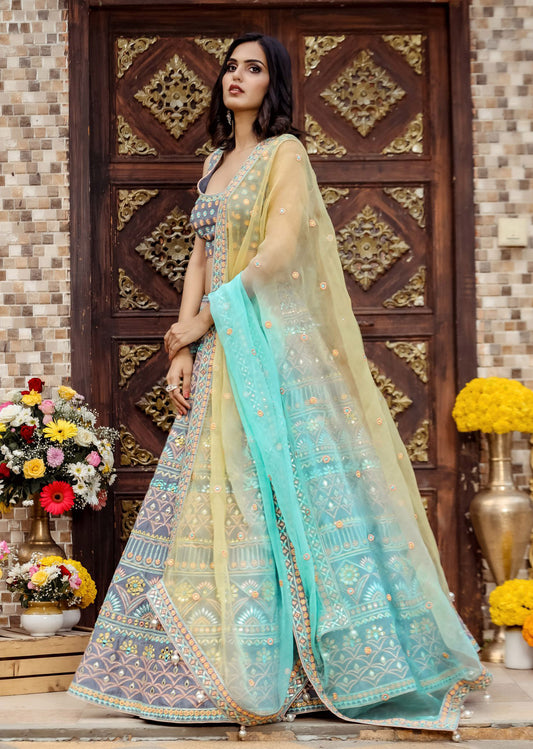 Grey Multicolor Resham Lehenga Set