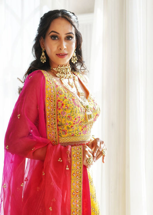 Minal - Aureolin Yellow Chevron Lehenga Set