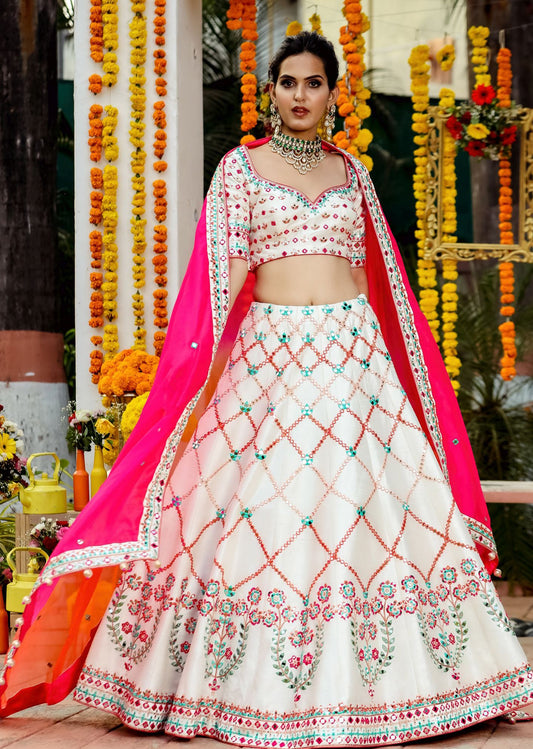 Ivory And Pink Mirrorwork Lehenga Set