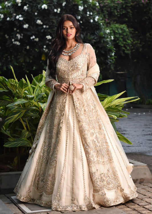 Ivory And Gold Anarkali Lehenga Set