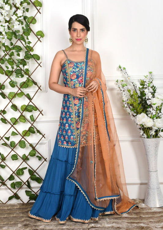 Royal Blue Floral Tiered Sharara Set