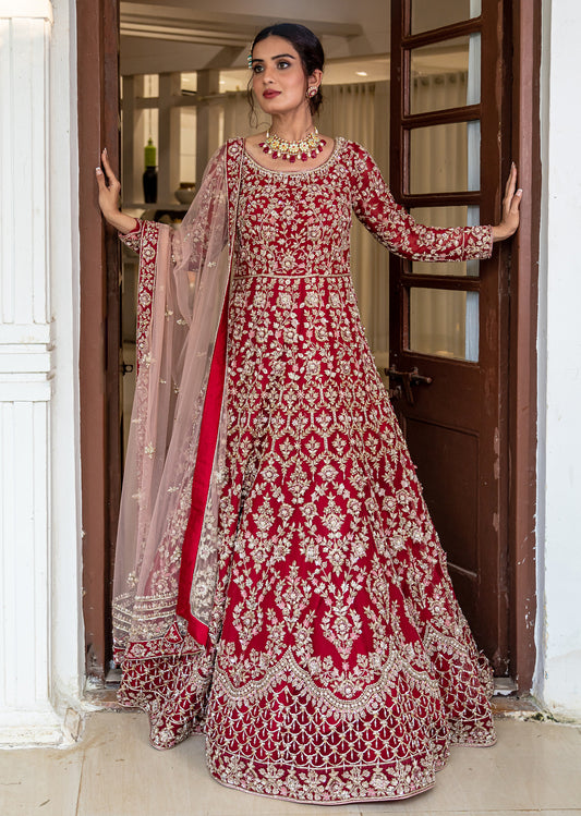 Deep Red And Gold Applique Bridal Anarkali Set
