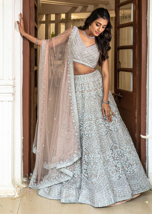 Stone Grey Silver Lehenga Set