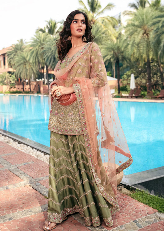 Olive Peach Zardozi Sharara Set
