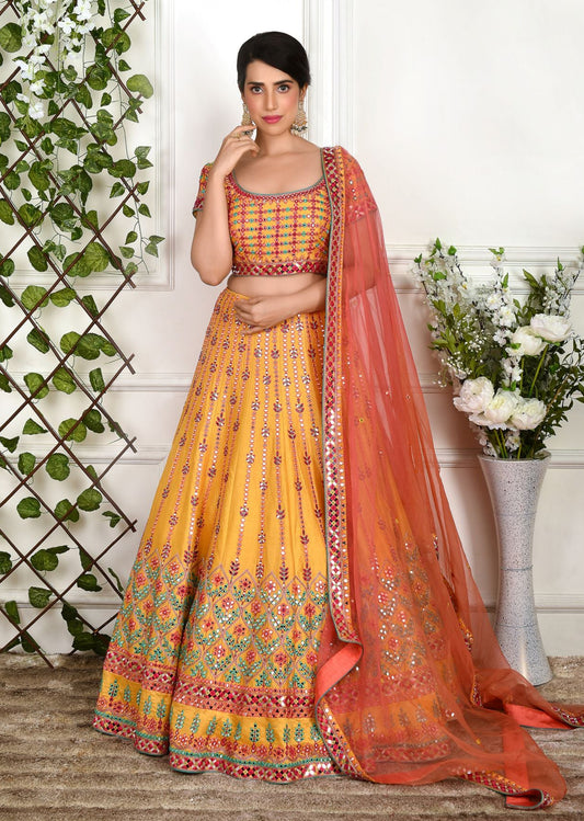 Mustard And Pink Mirrorwork Lehenga Set