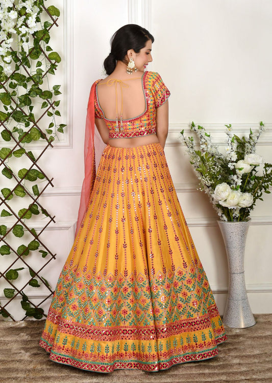 Mustard And Pink Mirrorwork Lehenga Set