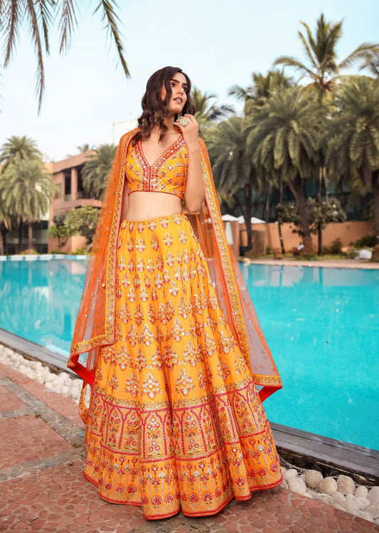 Yellow Orange Badla Mirrorwork Lehenga Set