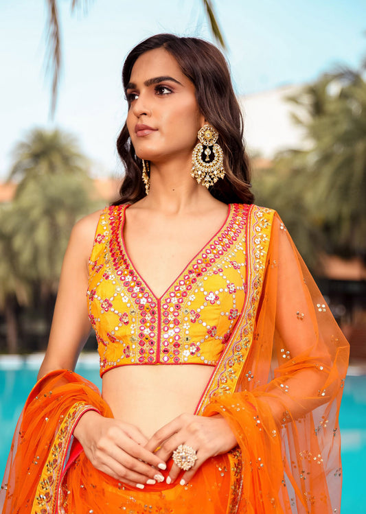 Yellow Orange Badla Mirrorwork Lehenga Set