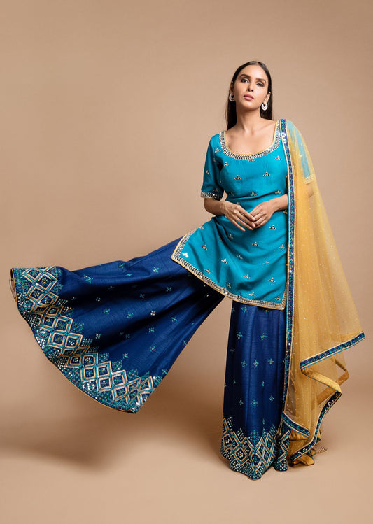 Blue Mirrorwork Sharara Set