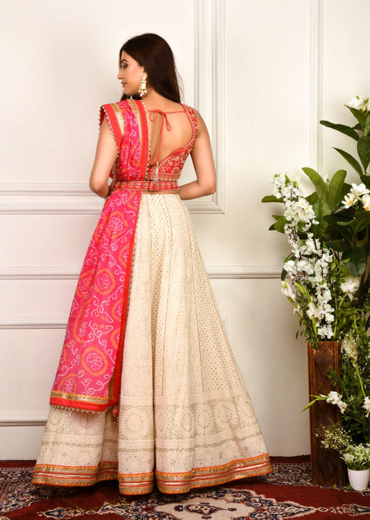 Cream And Pink Chikankari Lehenga Set