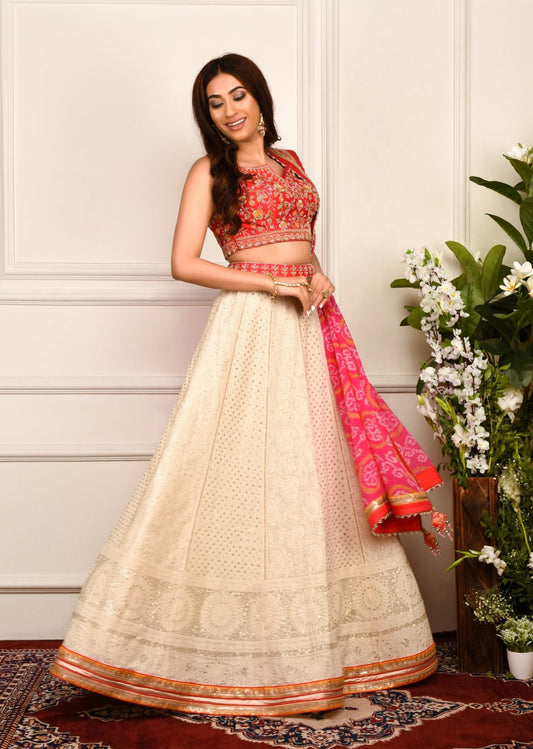 Cream And Pink Chikankari Lehenga Set