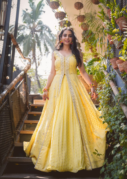 Yellow Lucknowi Anarkali Lehenga Set
