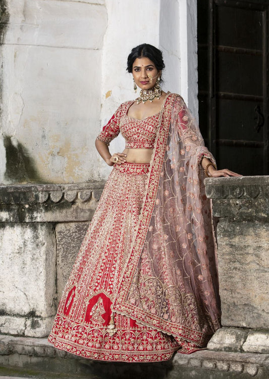 Red Raw Silk Bridal Lehenga Choli Set