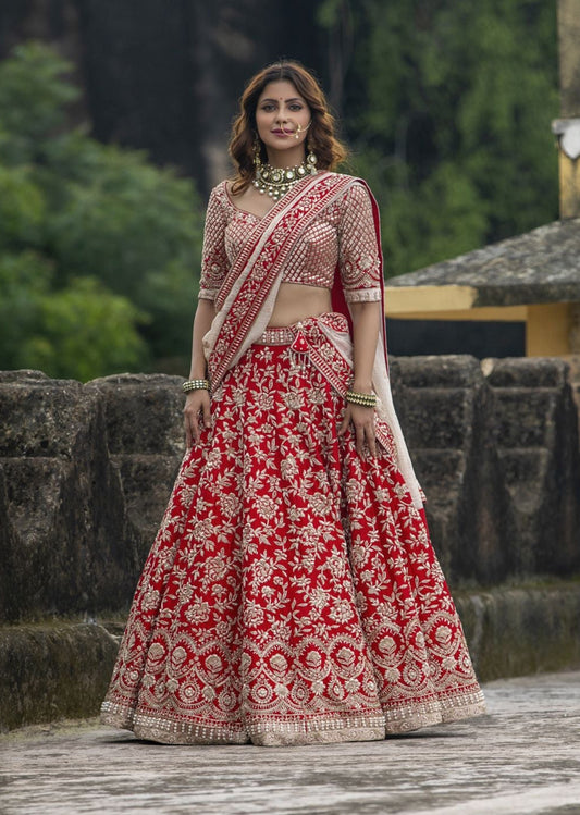 Bright Red Raw Silk Bridal Lehenga