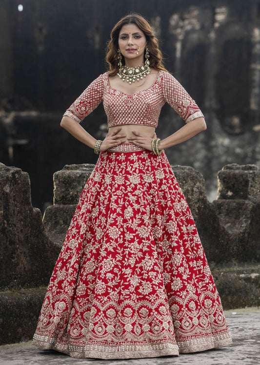 Bright Red Raw Silk Bridal Lehenga