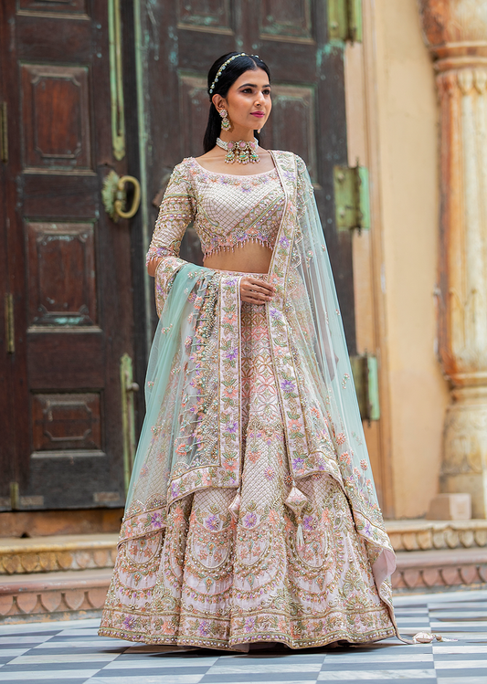 Cream Resham Work Lehenga Choli