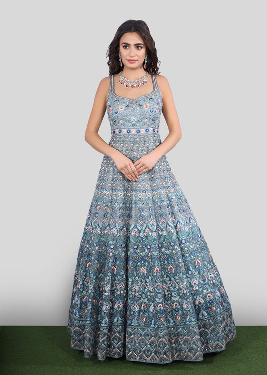 Blue Multi-Colored Mughal Floral Gown