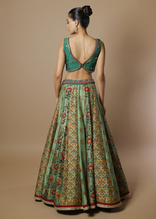 Sage green floral printed lehenga with mirror work blouse