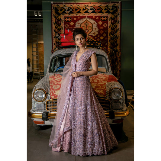 Lavender Silk Anarkali With Lehenga