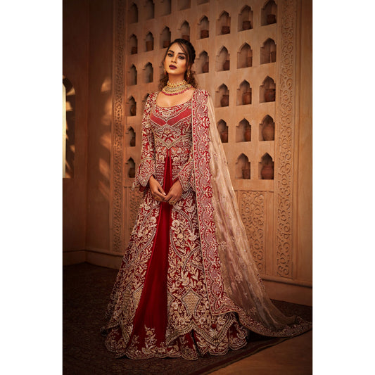 Deep Red And Gold Mughal Flared Anarkali Lehenga