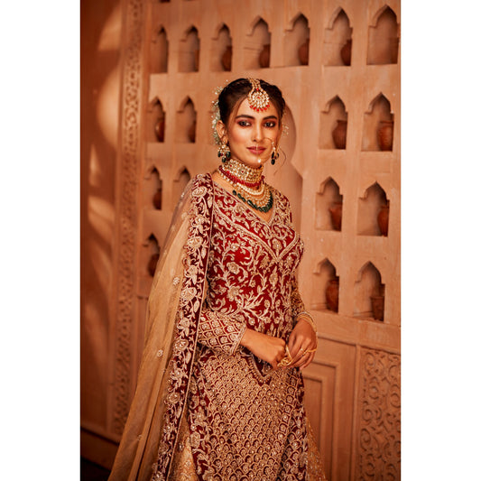 Maroon And Gold Mughal Velvet Kurta Lehenga Set