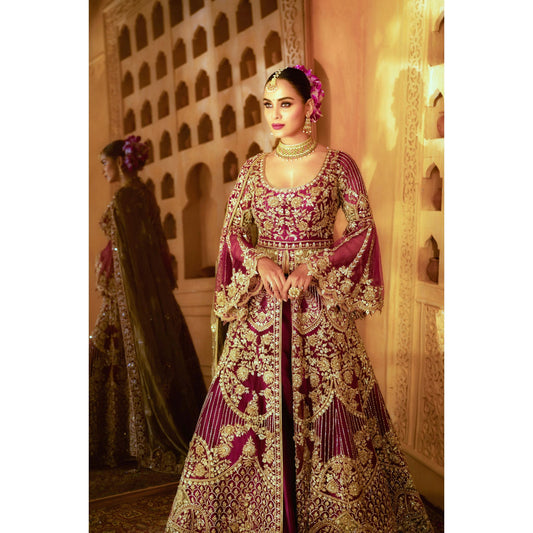 Magenta And Gold Mughal Anarkali Lehenga Set