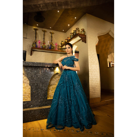Teal Blue Starburst Structured Gown