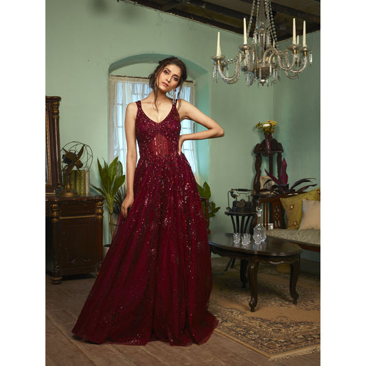 Burgundy Maroon Sheer Sequinned Gown