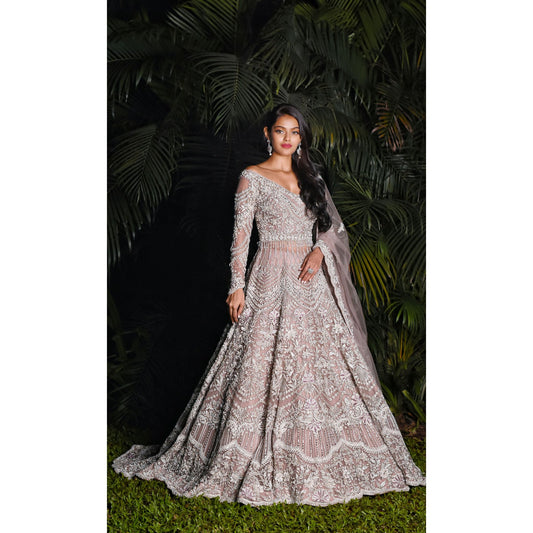 Oyster Grey Persian Anarkali Lehenga Set