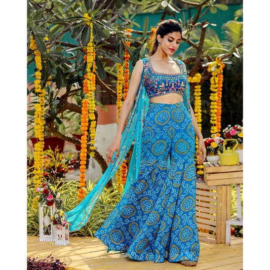Blue Bandhani Palazzo Jacket Set
