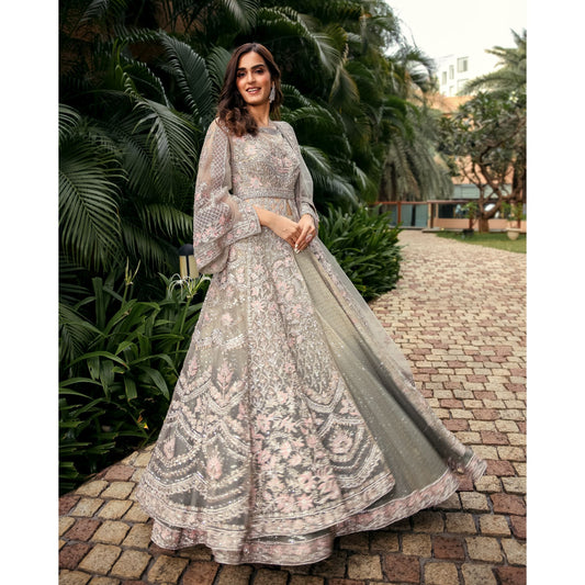 Teal Grey Mughal Bagh Anarkali Lehenga