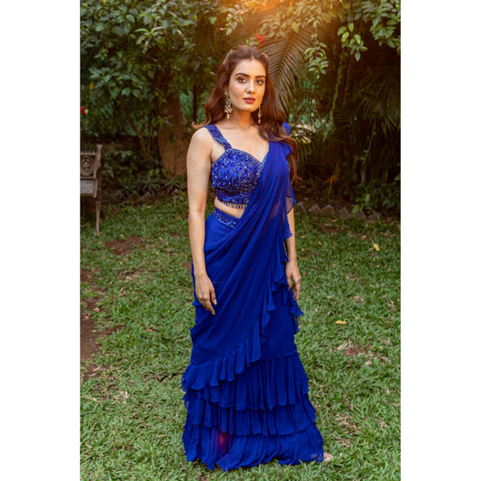 Electric Blue Tiered Ruffle Skirt Saree