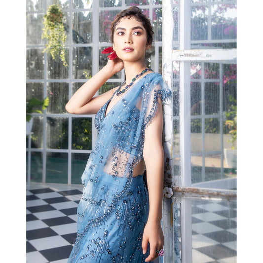 Steel Blue Drape Saree