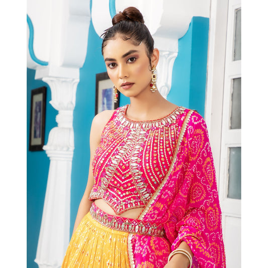 Rani And Yellow Lehenga Set