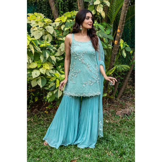 Cerulean Blue Beaded Garara Set