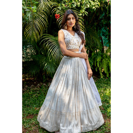 Ivory And Gold Jacquard Lehenga Set